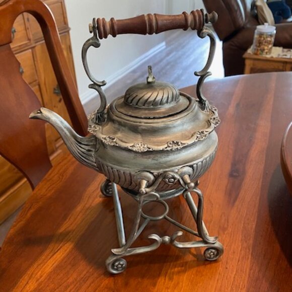 Antique SB&M ENGLISH PEWTER TEAPOT w SERVING & WARMING CRADLE * Intricate design